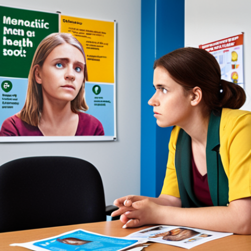 Home 16 **A school social worker in a brightly lit office, compassionately listening to a young student who looks worried. The office has posters about mental health resources. Focus on the empathetic connection between them.**
