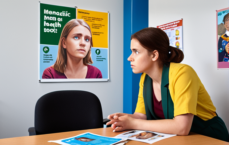 **A school social worker in a brightly lit office, compassionately listening to a young student who looks worried. The office has posters about mental health resources. Focus on the empathetic connection between them.**