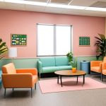 **

A warm and inviting school counseling office with soft lighting, pastel colors, comfortable furniture, plants, and soundproofed walls, creating a safe space for students.

**