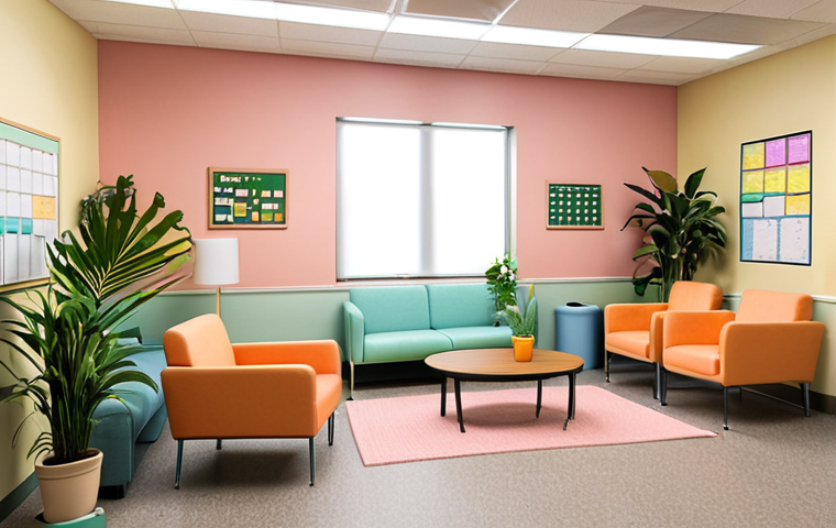 **
A warm and inviting school counseling office with soft lighting, pastel colors, comfortable furniture, plants, and soundproofed walls, creating a safe space for students.
**