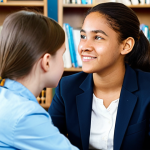 A professional school social worker, a woman, is engaged in a quiet, empathetic conversation with a teenage student. They are sitting at a small round table in a sunlit, welcoming school counseling office, with bookshelves in the background. The social worker wears a modest blazer and blouse, and the student wears comfortable, school-appropriate clothing. Both display perfect anatomy, correct proportions, well-formed hands, and natural poses. Professional photography, high-quality, ultra-detailed, soft focus. Safe for work, appropriate content, fully clothed, professional, family-friendly.