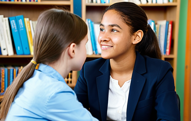 A professional school social worker, a woman, is engaged in a quiet, empathetic conversation with a teenage student. They are sitting at a small round table in a sunlit, welcoming school counseling office, with bookshelves in the background. The social worker wears a modest blazer and blouse, and the student wears comfortable, school-appropriate clothing. Both display perfect anatomy, correct proportions, well-formed hands, and natural poses. Professional photography, high-quality, ultra-detailed, soft focus. Safe for work, appropriate content, fully clothed, professional, family-friendly.