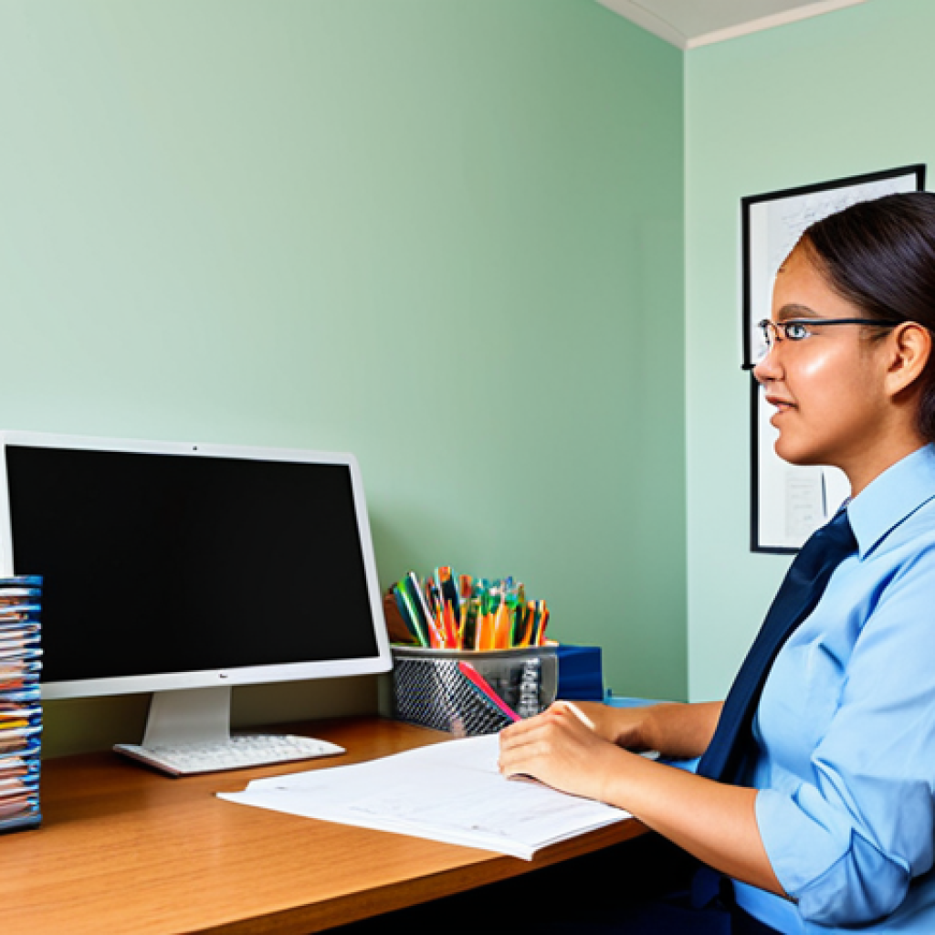 **Prompt:** A school social worker, fully clothed in professional attire, sitting at a desk with organized files and a computer, in a brightly lit office with children's artwork on the walls, safe for work, appropriate content, perfect anatomy, natural proportions, professional.