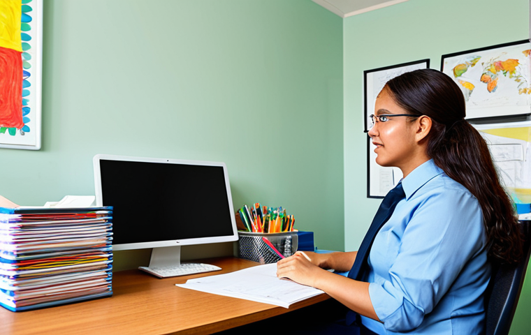 **Prompt:** A school social worker, fully clothed in professional attire, sitting at a desk with organized files and a computer, in a brightly lit office with children's artwork on the walls, safe for work, appropriate content, perfect anatomy, natural proportions, professional.