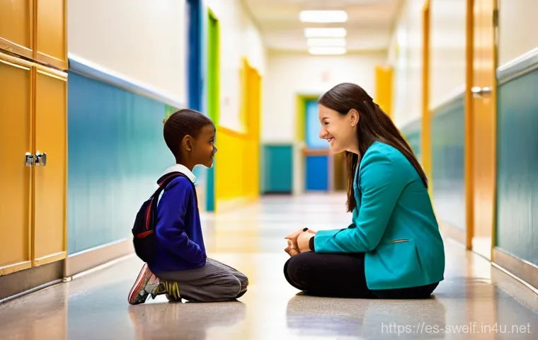 학교사회복지사와 학급 단위 상담 - **Prompt:** A warm, brightly lit school hallway during dismissal. A compassionate school social work...