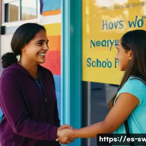 학교사회복지사의 하루 일과 - A warm and welcoming school social worker greeting a diverse group of Spanish-speaking students at t...