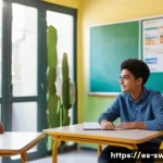 학교사회복지사로서의 커뮤니케이션 스킬 - A warm, inviting classroom scene in a modern Latin American school, showing a diverse group of teena...