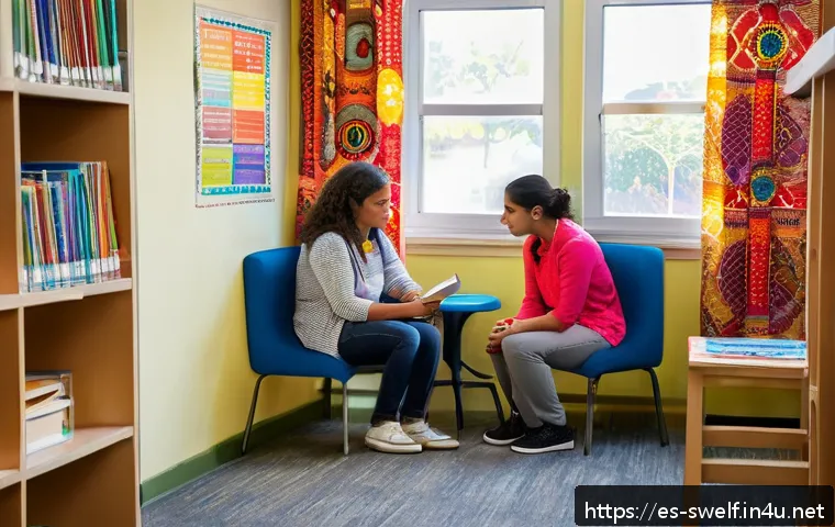 학교사회복지사의 상담 기법 - A warm and inviting school counseling room in a Spanish-speaking community, featuring a compassionat...